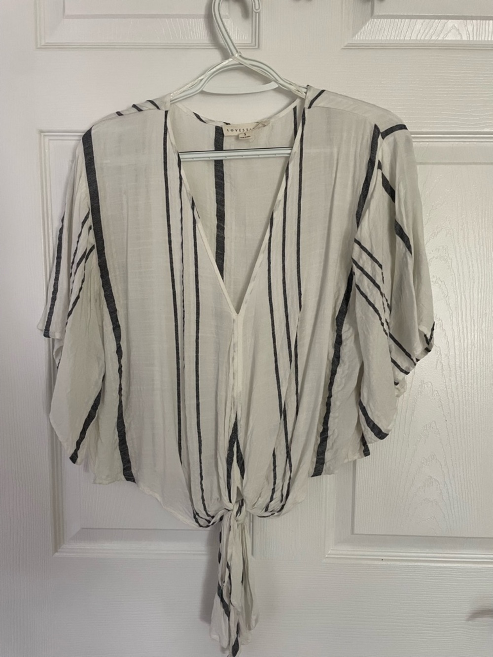 lovestitch White and Black/ dark grey Striped Tie-Front V-Neck Blouse size S